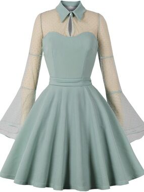 Vintage-Inspired Long Sleeve Fit & Flare Dress in Sage Green